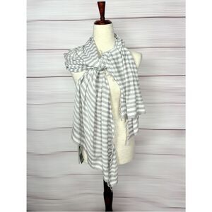 NWT Eileen Fisher Diagonal Cotton Stripe Knit Scarf Ivory Gray Soft Fringed Ends